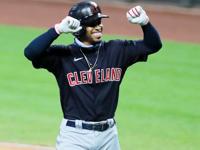 Aug 3, 2020; Cincinnati, Ohio, USA; Cleveland Indians shortstop Francisco Lindor (12) reacts after hitting a solo home run against the Cincinnati Reds during the first inning at Great American Ball Park.